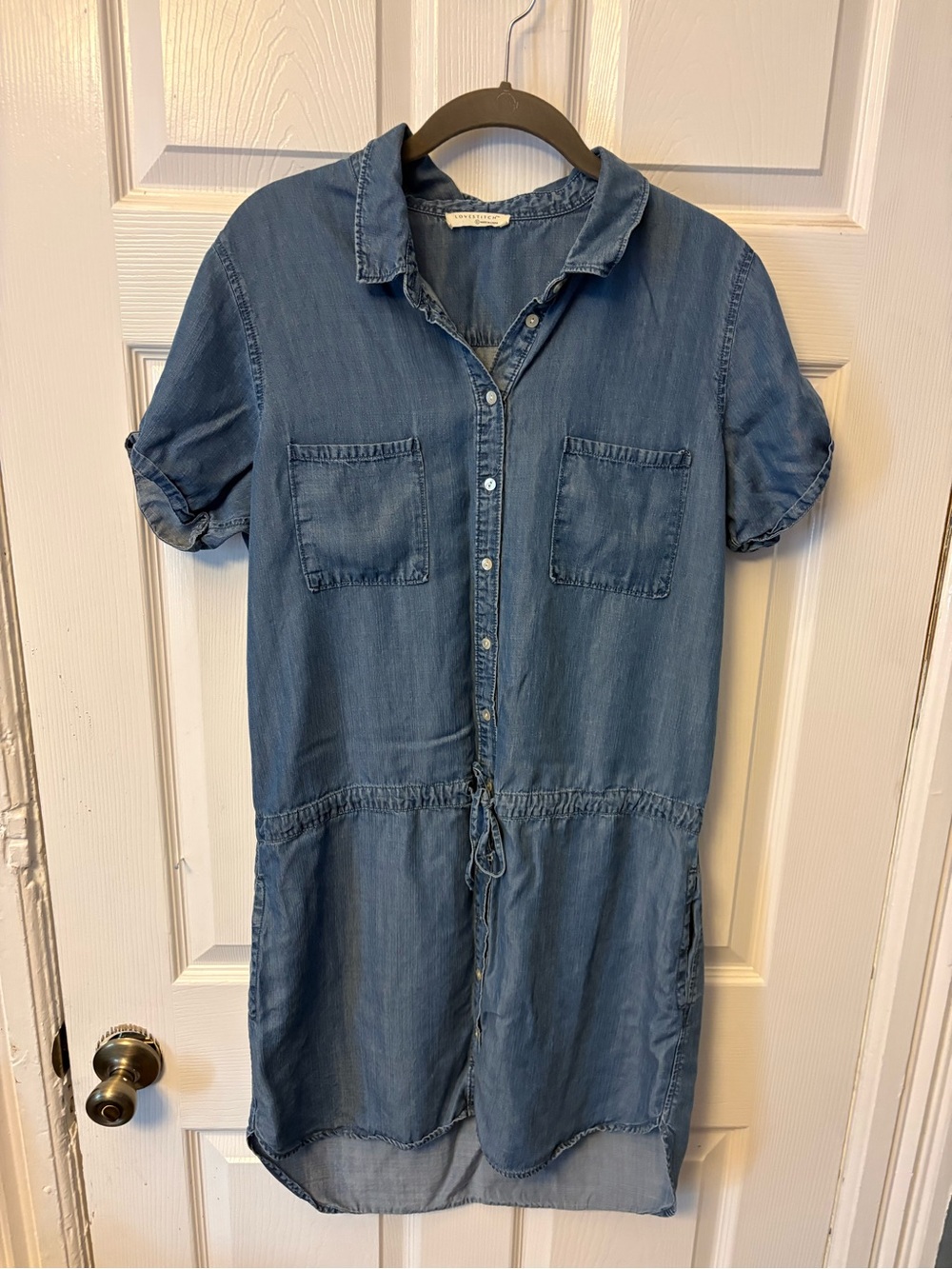Lovestitch Chambray Denim Button Up Shirt Dress with Drawstring Waist.